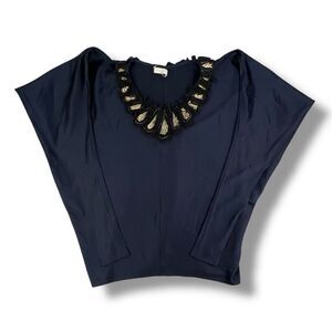 Adam by Adam Lippes Beaded Navy Blue Black Blouse Gold Top Size Medium